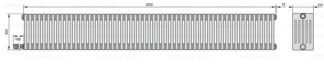 Схема (чертеж) Радиатор Zehnder Charleston 6060/55 №V004 Белый глянцевый RAL 9016